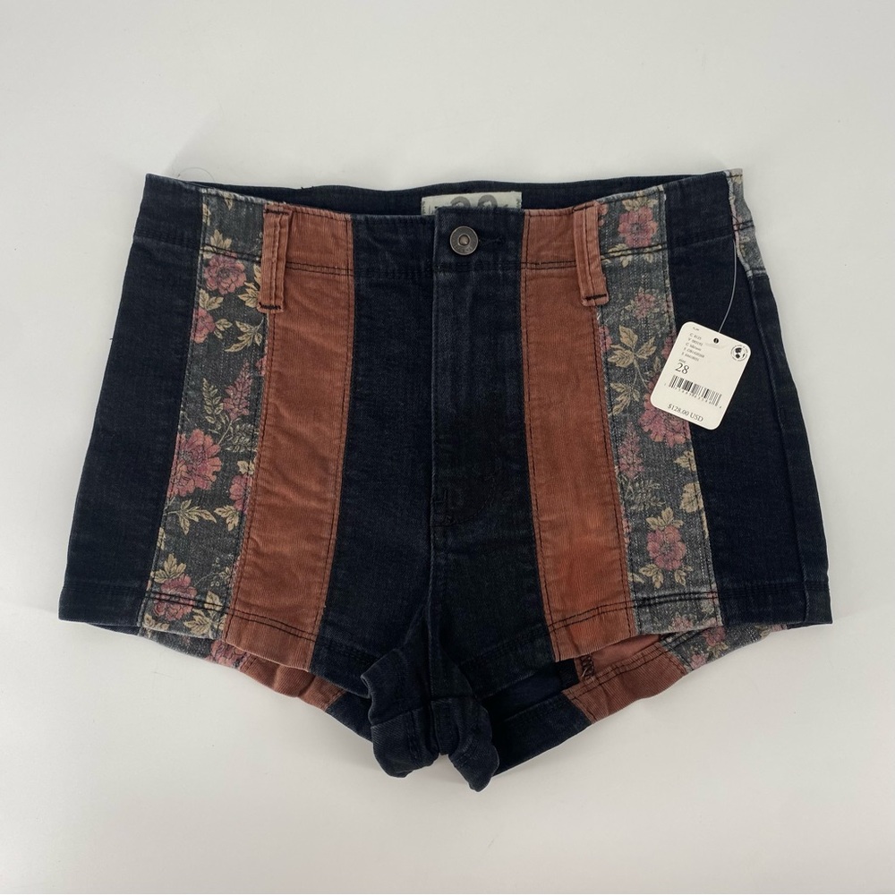 Free People Patchwork High Rise Corduroy Black Denim Shorts - Picture 4 of 8